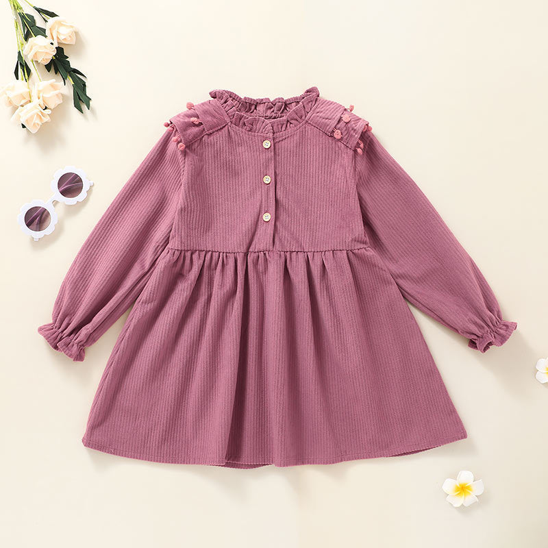 Children Girls' Solid Color Cute Fur Ball Long-sleeved Dress - PrettyKid