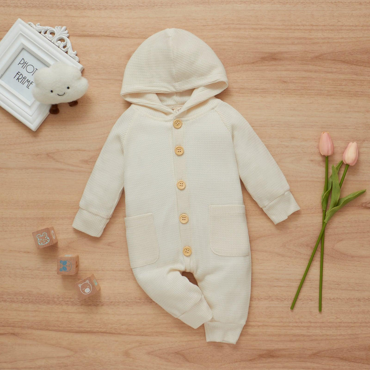 Baby Boys Girls Solid Color Long Sleeve Wool Waffle Hooded Jumpsuit - PrettyKid