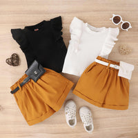 Spring and Summer Cotton Pit Strip Flying Sleeve Top Solid Color Shorts with Waist Bag Girls Suit