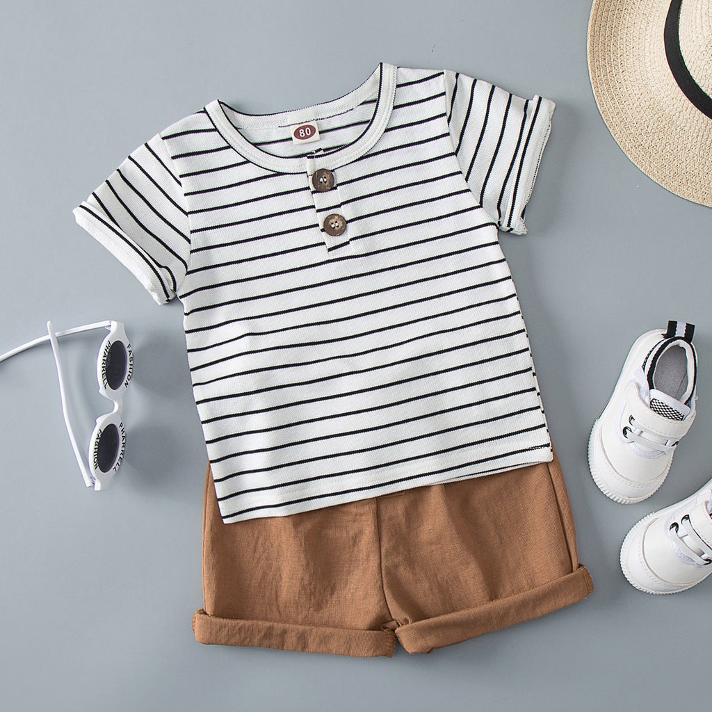 Toddler Kids Boys Striped Crew Neck Short Sleeve T-shirt Solid Shorts Summer Suit - PrettyKid