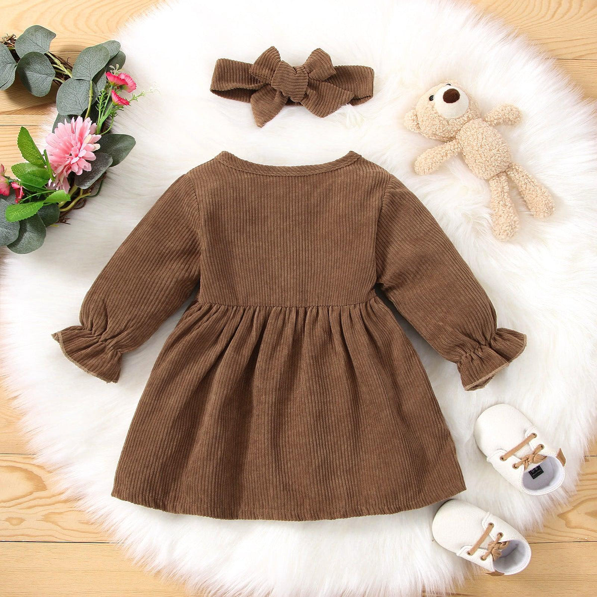 Toddler Kids Girls Solid Color Long Sleeve Button Dress Hairband Two Piece Set - PrettyKid