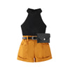 Girls' Spring and Summer Solid Color Hanging Neck Vest Pocket Shorts with Waist Bag Three-piece Children's Suit