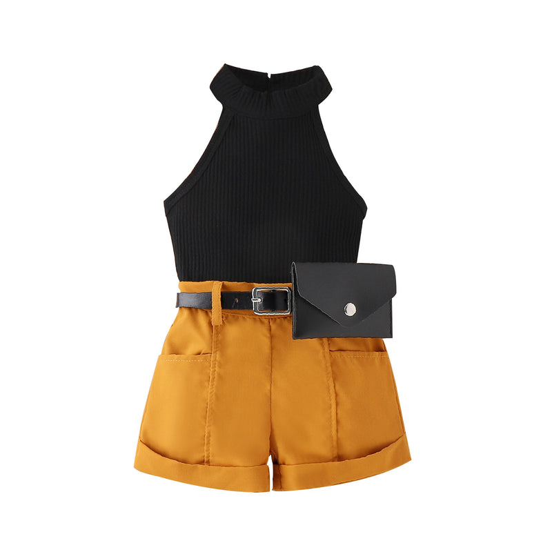 Girls' Spring and Summer Solid Color Hanging Neck Vest Pocket Shorts with Waist Bag Three-piece Children's Suit
