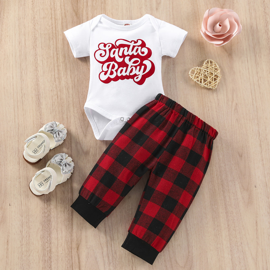 Baby Boys Girls Christmas Letters Short-sleeved Jumpsuit Plaid Print Pants Set - PrettyKid