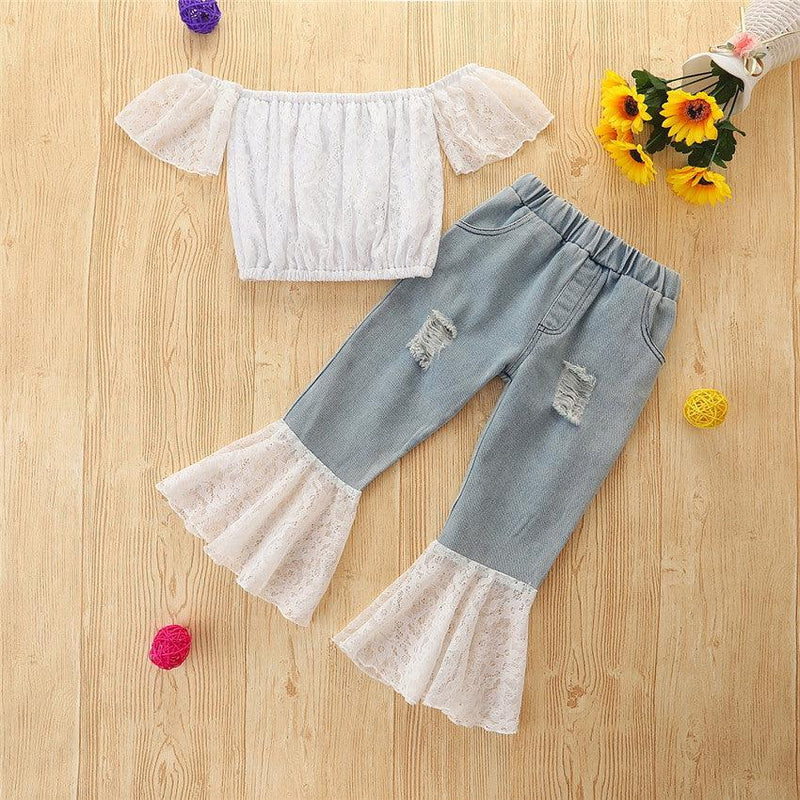 Toddler Kids Girl White Lace Short Sleeve Top Denim Flared Pants Set - PrettyKid