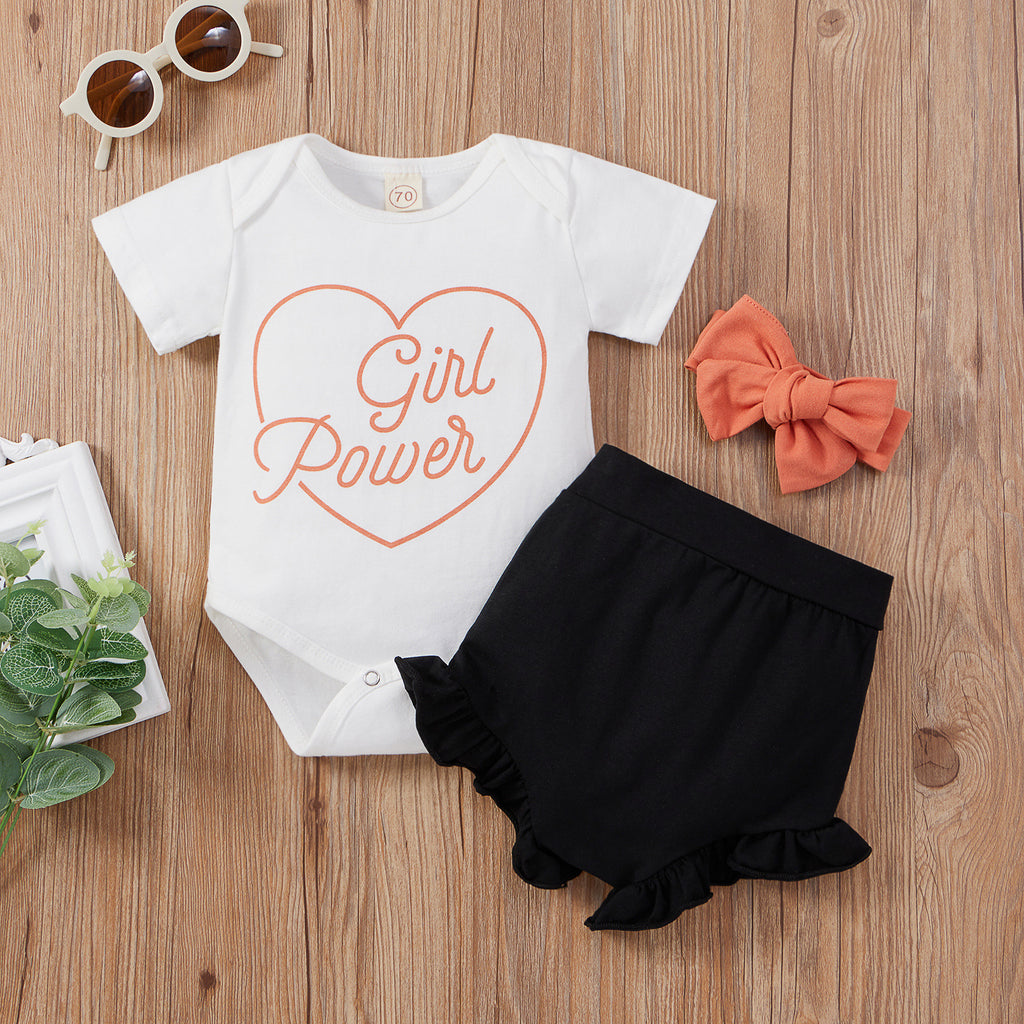 Baby Girls Solid Letter Love Print Short Sleeve Set - PrettyKid