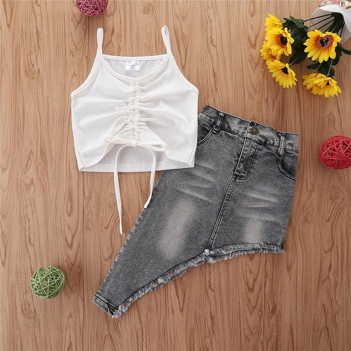 Toddler Kids Girls White Sling Small Sling Irregular Denim Skirt Two-piece Set Wholesale Girls Boutique Clothing - PrettyKid