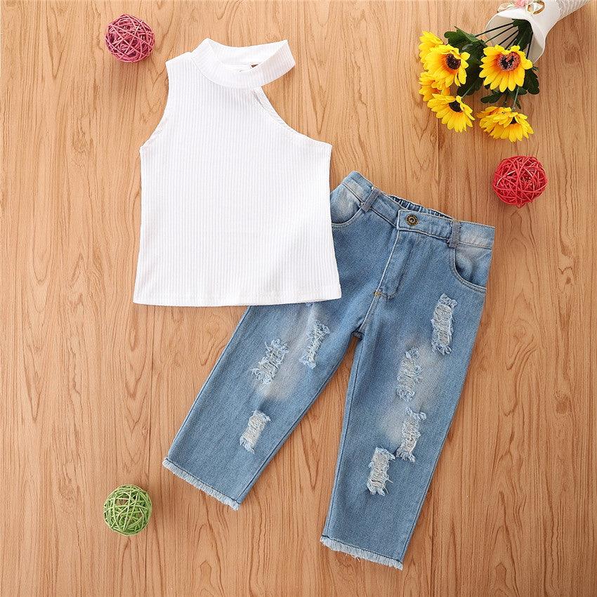 Toddler Kids Girls Solid Color Vest Denim Pants Set Children's Wholesale Clothing Vendors - PrettyKid