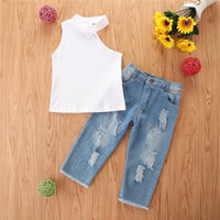 Toddler Kids Girls Solid Color Vest Denim Pants Set Children's Wholesale Clothing Vendors - PrettyKid