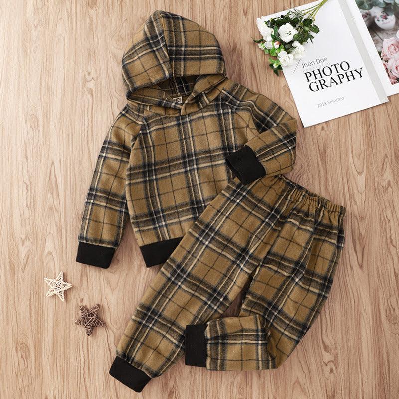 Toddler Kids Boys Khaki Check Print Hooded Long Sleeve Suit - PrettyKid