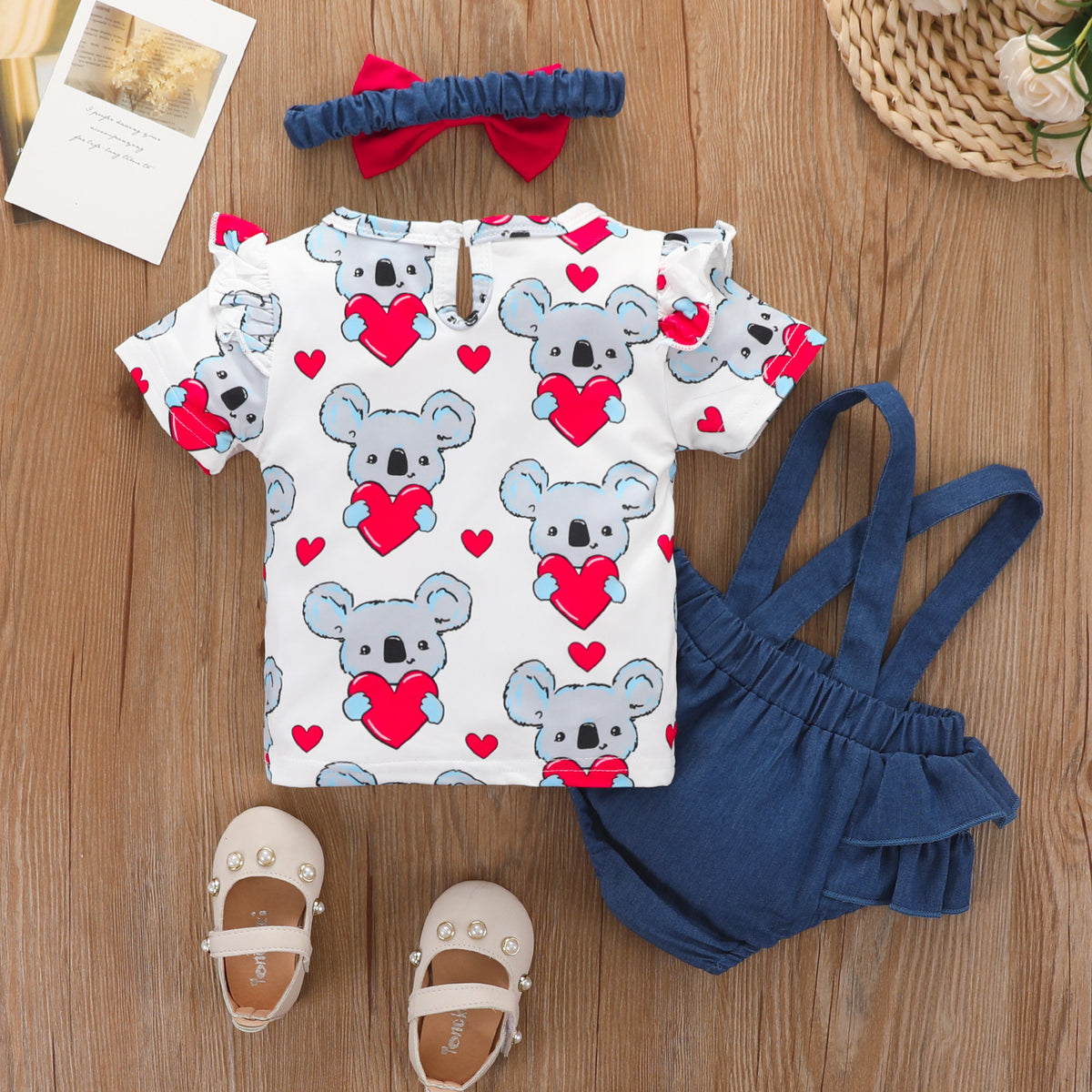 Toddler Boys Girls Cartoon Koala Love Printed Top Denim Strap Bow Pants Set - PrettyKid