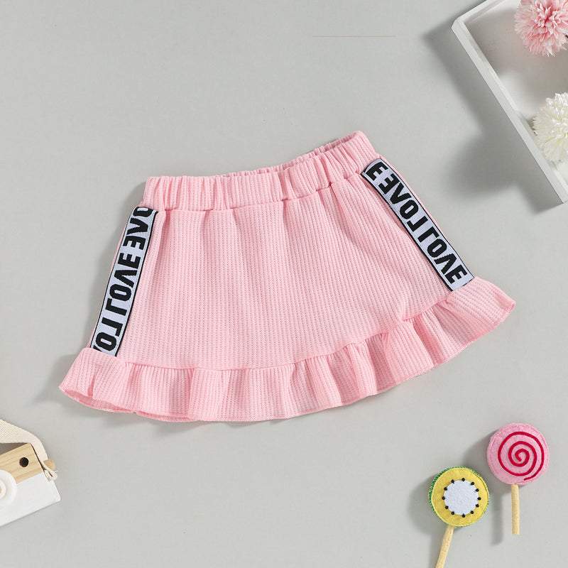 Toddler Kids Girls Solid Color Letters Stitching Long Sleeved Top Ruffle Short Skirt Set - PrettyKid