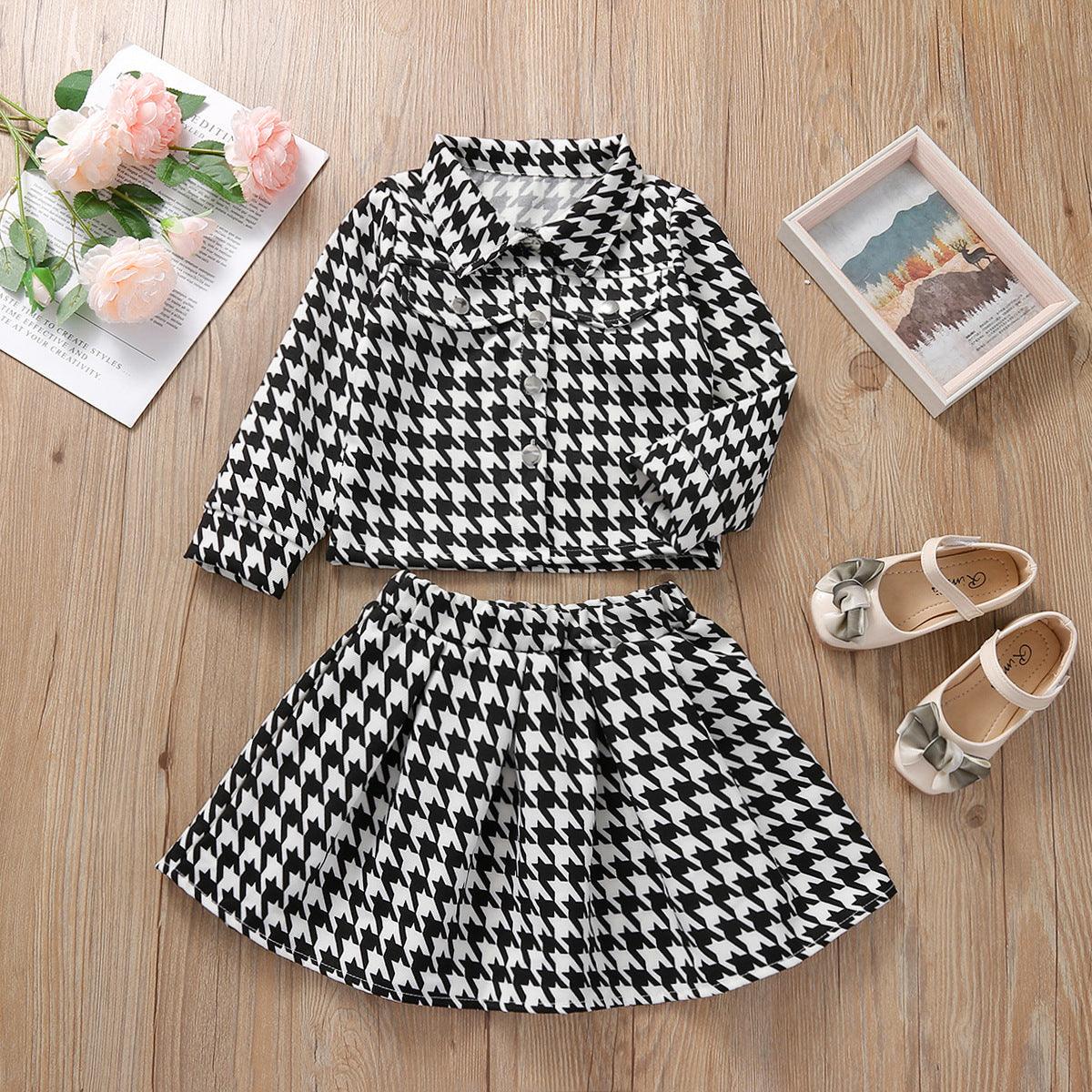 Children Girls' Long Sleeve Plaid Lapel Top Skirt Two Piece Set - PrettyKid