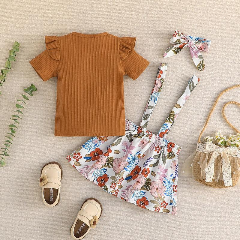 Solid Color T-shirt+printed Skirt+headband Three-piece Set of 2023 New Printed Belt Skirt Set - PrettyKid