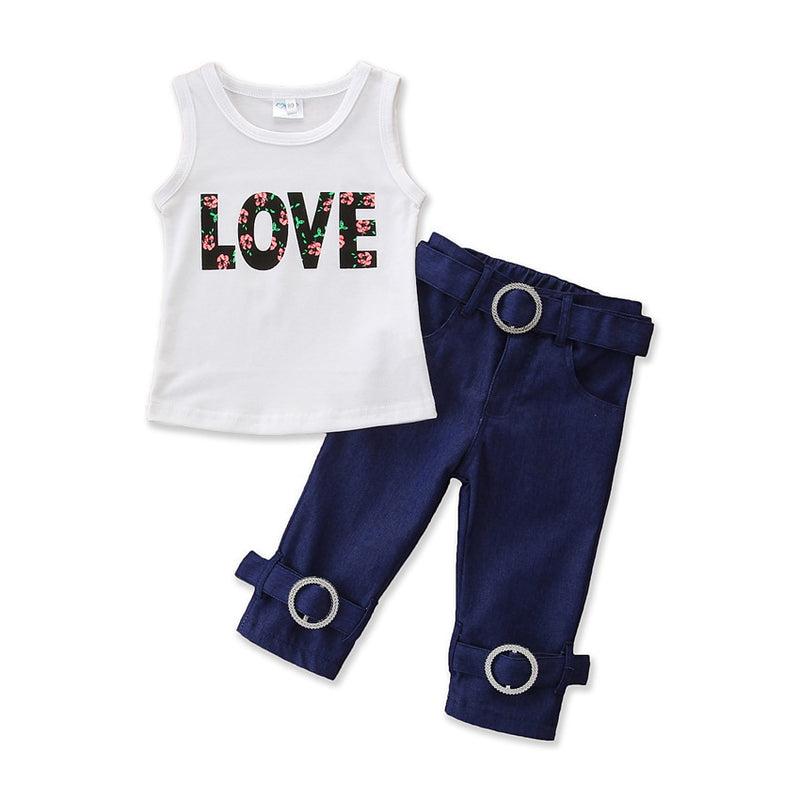 2021 LOVE LetterS Sleeveless Girl Children Top + Jean Trouser Wholesale - PrettyKid