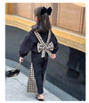 Girls Plaid Pattern Big Bow Sweater Bell Bottoms Spring and Autumn Suit - PrettyKid