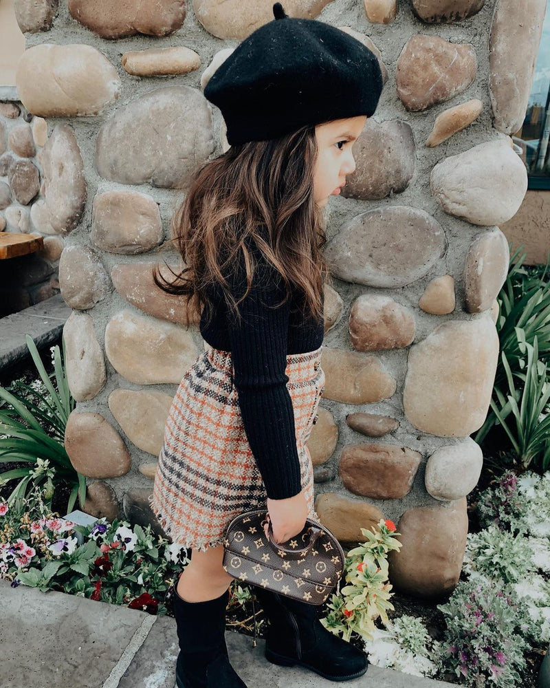 Toddler Kids Girls' Long Sleeved Knitted Top Plaid Skirt Set - PrettyKid
