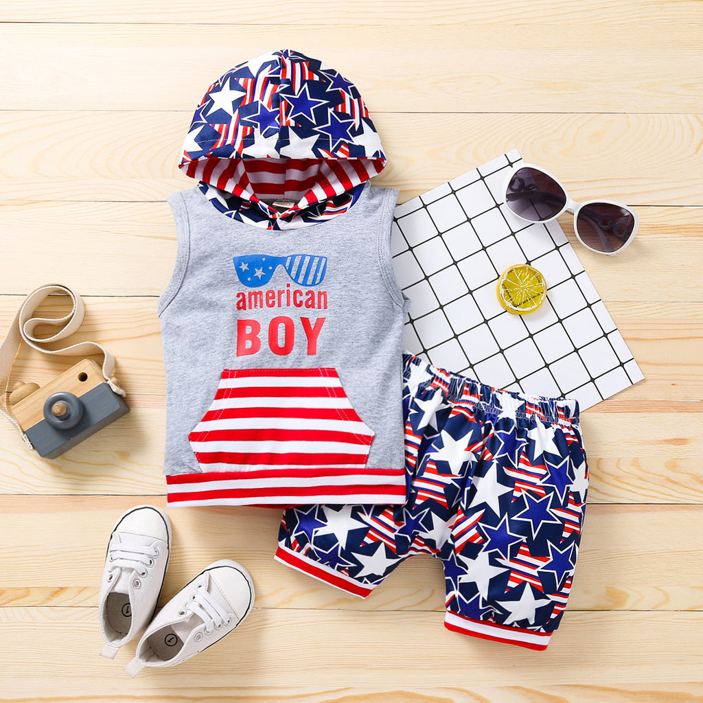 Summer New Striped Letters Printed Hooded Tops * Stars Yangqi Shorts Independent Day Children's Clothing - PrettyKid