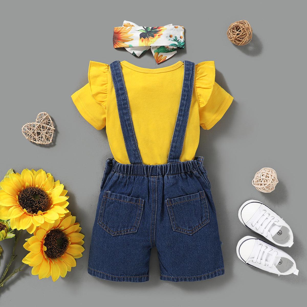 Toddler Kids Girls Solid Color Short Sleeve Top Sunflower Print Suspender Pierced Jeans Set - PrettyKid