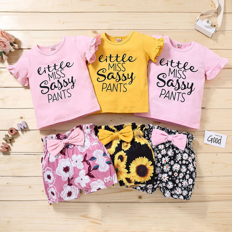 9M-6Y Thin Letter T-Shirt Print Bow Shorts Set Cute Toddler Girl Clothes Wholesale - PrettyKid
