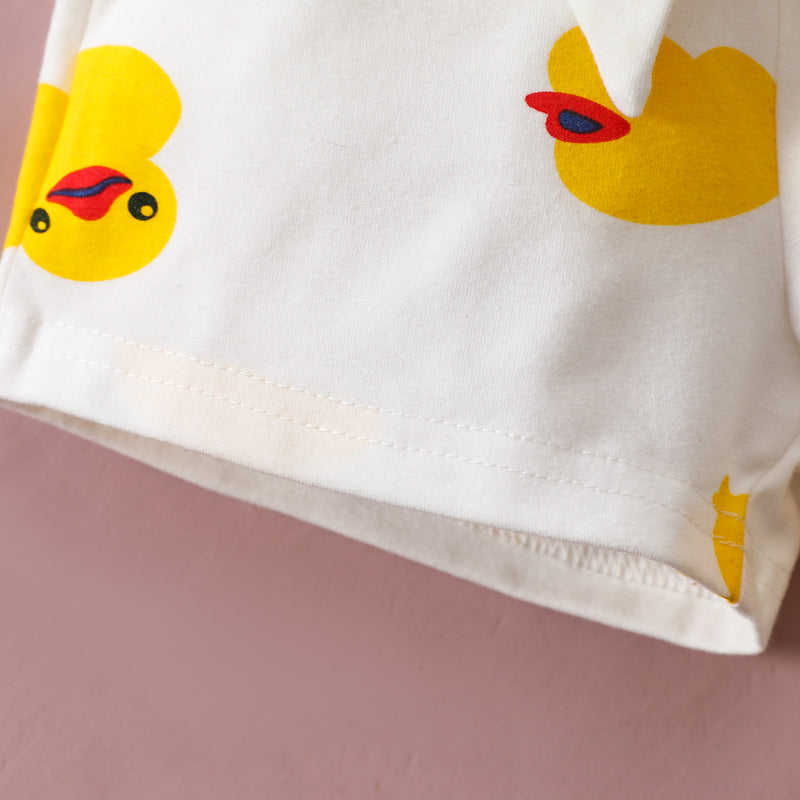 Toddler Kids Girls Summer Solid Color Cartoon Little Yellow Duck Suspender Short Sleeved Top and Shorts Set - PrettyKid