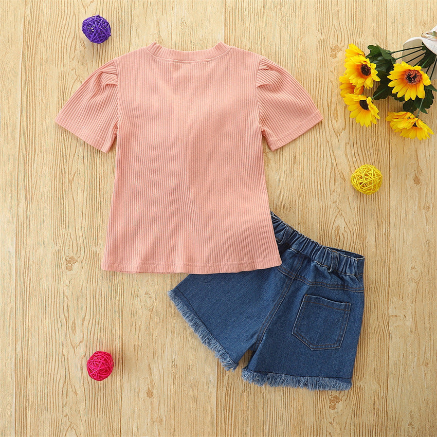 Toddler Kids Girls Solid Color Bow Pattern Short Sleeved Top Denim Shorts Set - PrettyKid