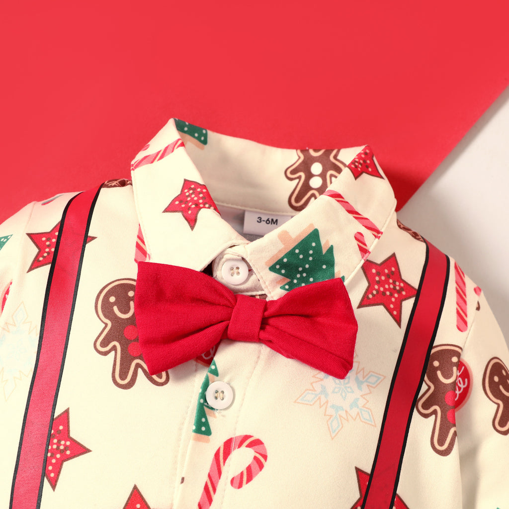 2022 Baby Boys Gentleman Tie Long Sleeve Christmas Print Jumpsuit - PrettyKid