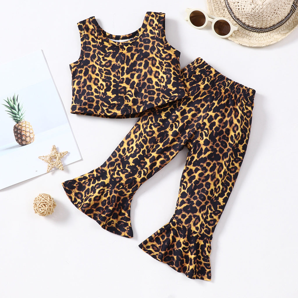 Toddler Girls Leopard Print Sleeveless Tops Flared Pants Set - PrettyKid