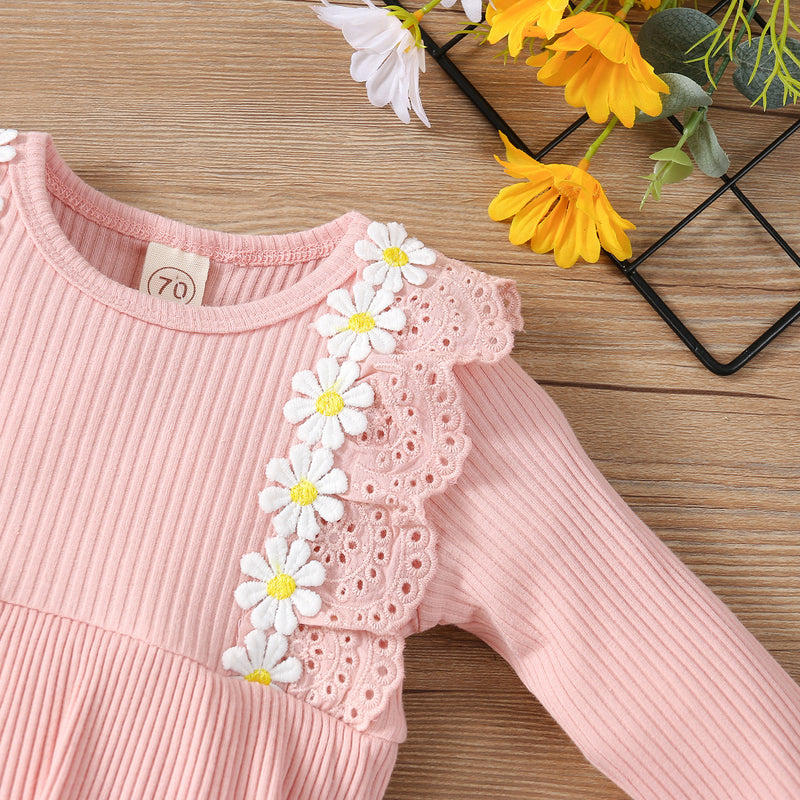 Baby Girls Solid Colour Daisy Embroidered Lace Patchwork Long Sleeve Jumpsuit - PrettyKid