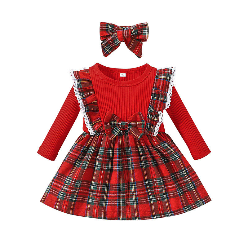 Toddler Girl Solid Color Tops Plaid Patchwork Dress Christmas Dress - PrettyKid
