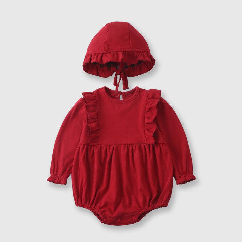 Baby Girls Solid Color Long Sleeve Jumpsuit Little Red Hat Suit - PrettyKid