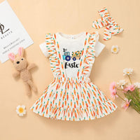 Baby Girl Solid Color Lovely Rabbit Short Sleeve One-piece Dress Printed Suspender Skirt Set - PrettyKid