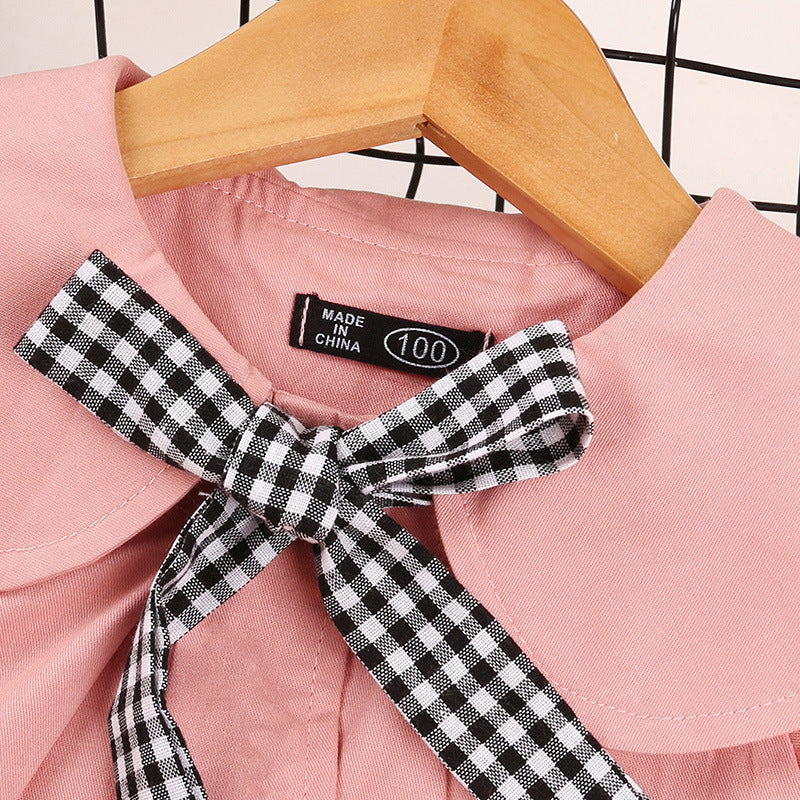 Toddler Kids Girls' Solid Color Plaid Bow Tie Long Sleeve Coat - PrettyKid