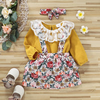 Baby Girls Lace Collar Long Sleeve Jumpsuit Flower Strap Skirt - PrettyKid