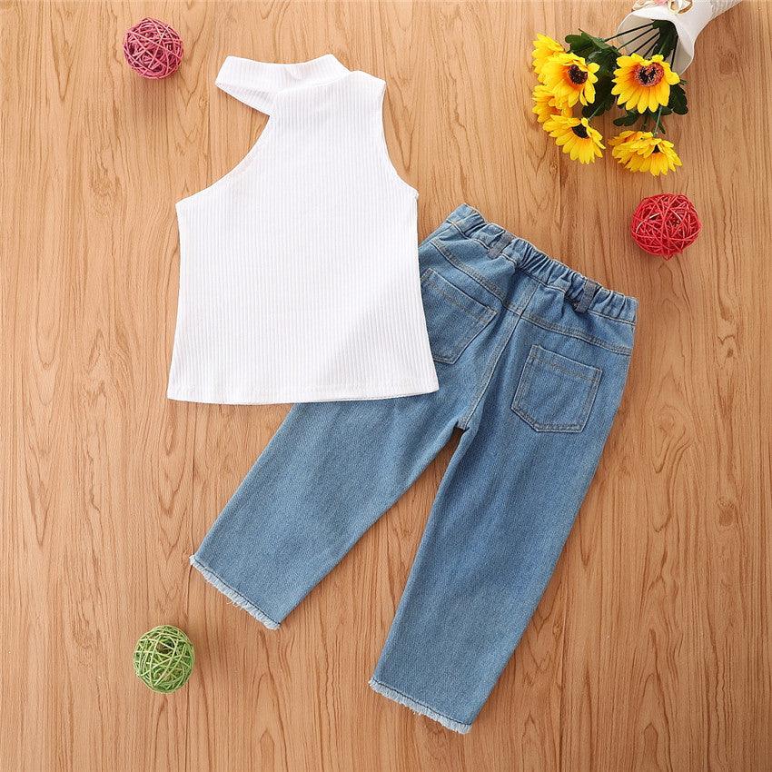 Toddler Kids Girls Solid Color Vest Denim Pants Set Children's Wholesale Clothing Vendors - PrettyKid