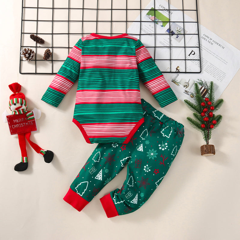 Baby Boys Long Sleeved Striped Jumpsuit Christmas Printed Pants Set - PrettyKid