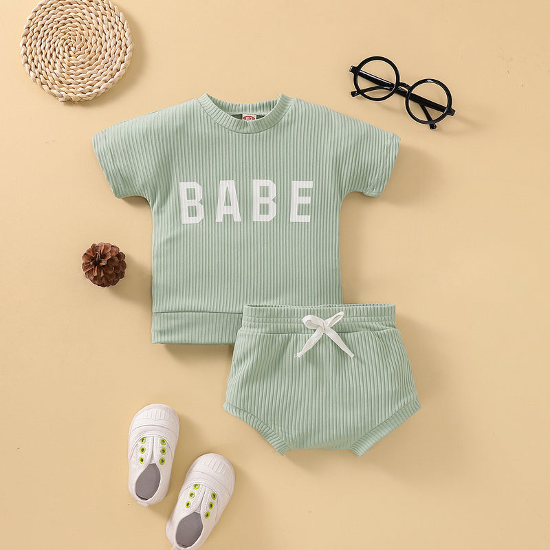Toddler Boys Girls Solid Babe Letter Print Short Sleeve Top and Triangle Shorts Set - PrettyKid