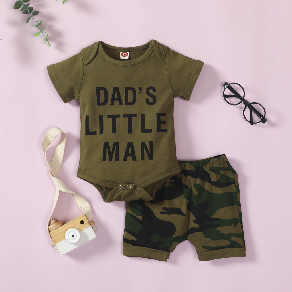Toddler Boys Solid Color Letter Print Short-sleeved Top Camouflage Shorts Set - PrettyKid