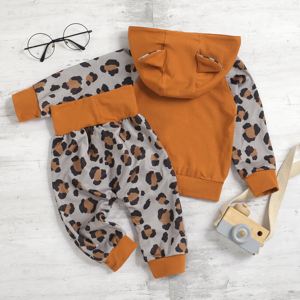 Toddler Boys Girls Cute Little Ear Hoodie Leopard Pants Set - PrettyKid