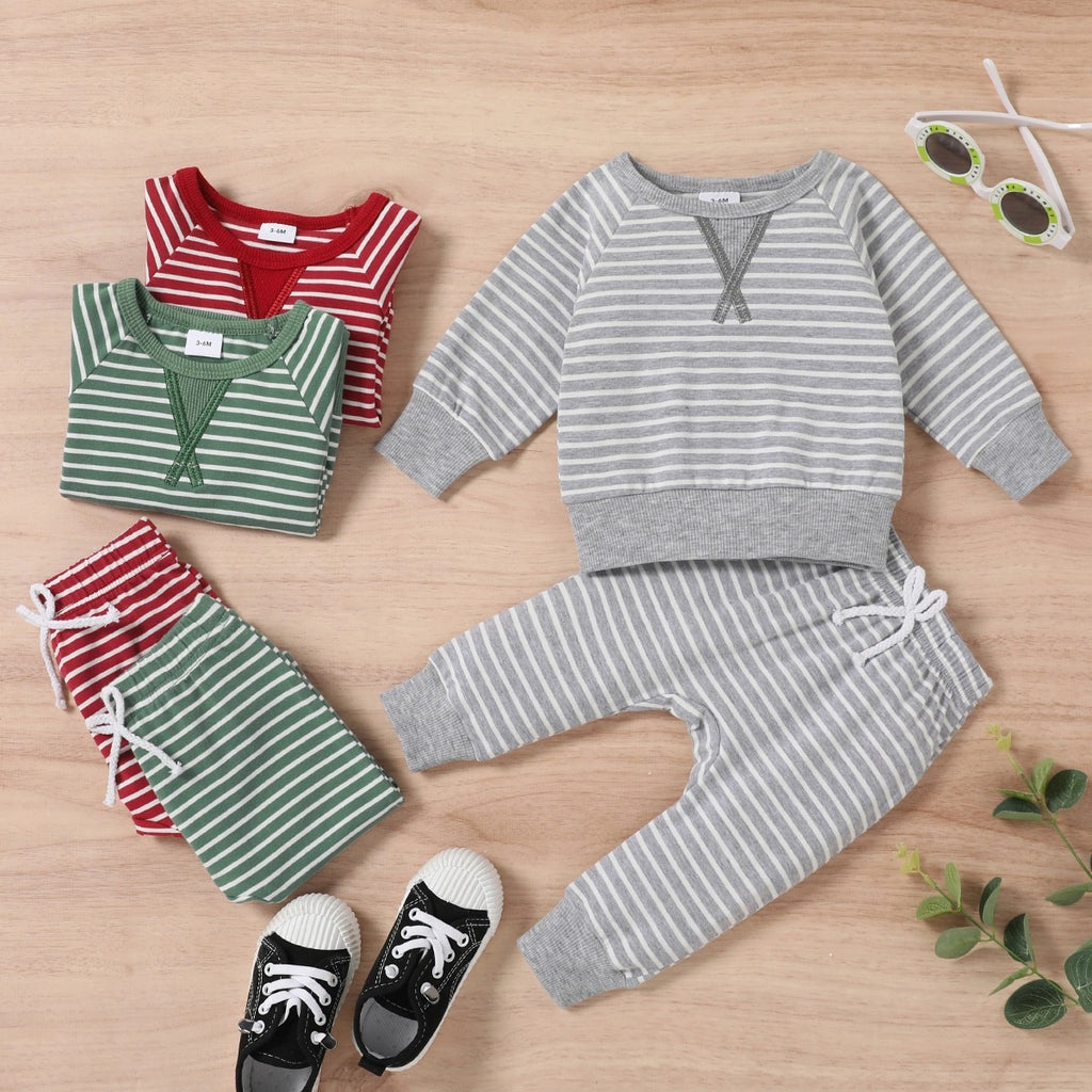 Toddler Kids Boys Girls Striped Round Neck Long Sleeve Pajama Suit - PrettyKid
