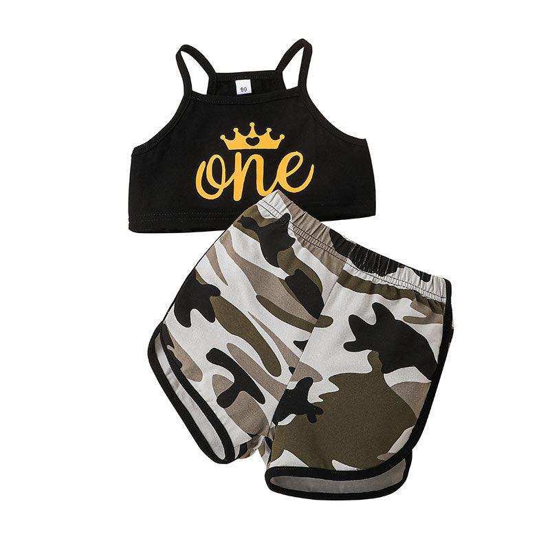 Toddler Kids Girl Solid Letter Print Suspender Top Camouflage Shorts Sportswear - PrettyKid