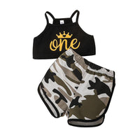 Toddler Kids Girl Solid Letter Print Suspender Top Camouflage Shorts Sportswear - PrettyKid