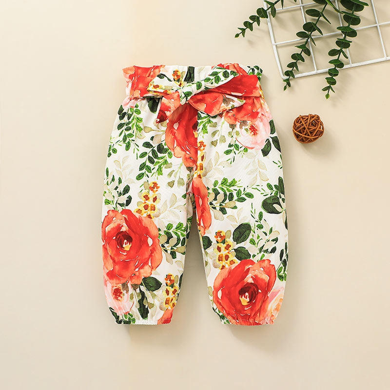 Baby Girls Solid Color Long Sleeve Top Flower Print Set - PrettyKid