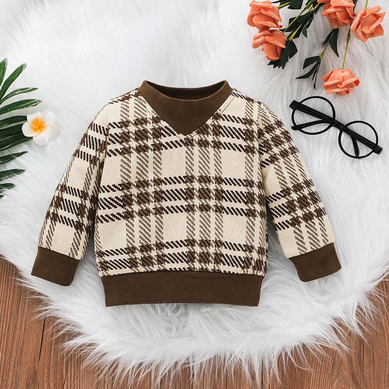 Toddler Kids V-neck Plaid Sweater Two Piece Set - PrettyKid