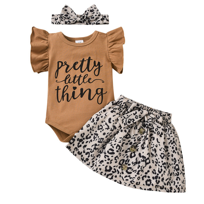 Baby Girls Solid Summer Letter Sleeveless Jumpsuit Leopard Print Skirt Set - PrettyKid