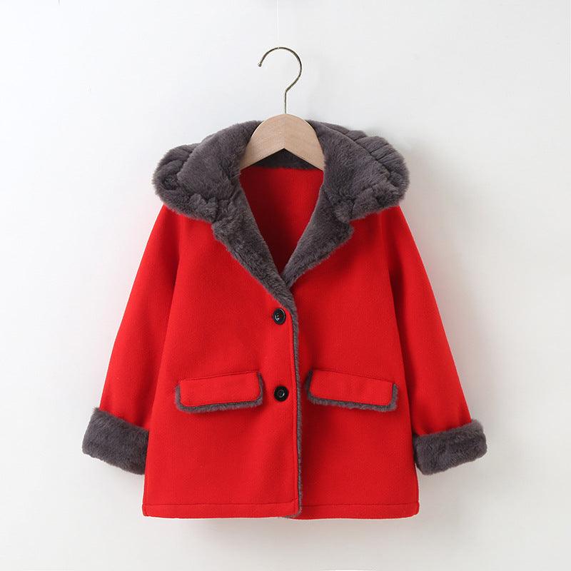 Children Girls Solid Wool Collar Tweed Coat Winter Coat - PrettyKid