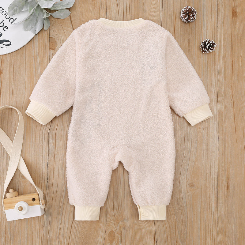 Baby Boys Girls Little Bear Embroidered Plush Long Sleeved Jumpsuit - PrettyKid