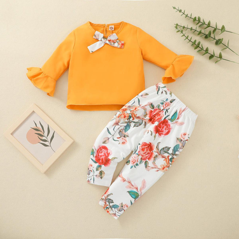 Toddler Girls Solid Trumpet Sleeve Top Flower Print Pants Set - PrettyKid