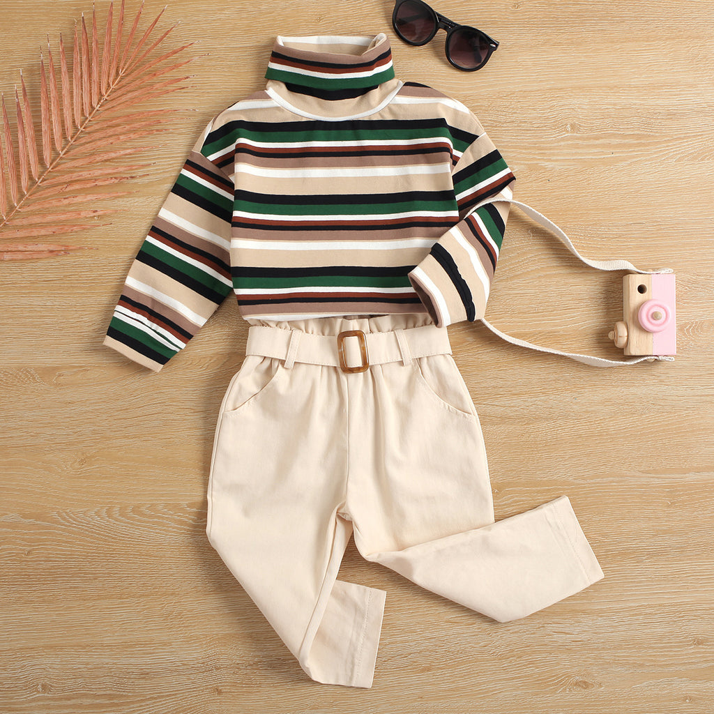 Toddler Kids Girls Striped Long Sleeve High Neck Top Solid Trousers Set - PrettyKid