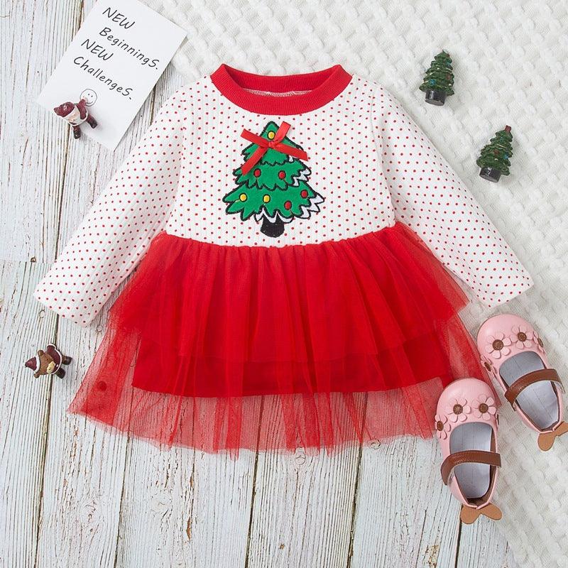 Toddler Kids Girls Christmas Tree Print Polka Dot Mesh Long Sleeve Dress Christmas Dress - PrettyKid